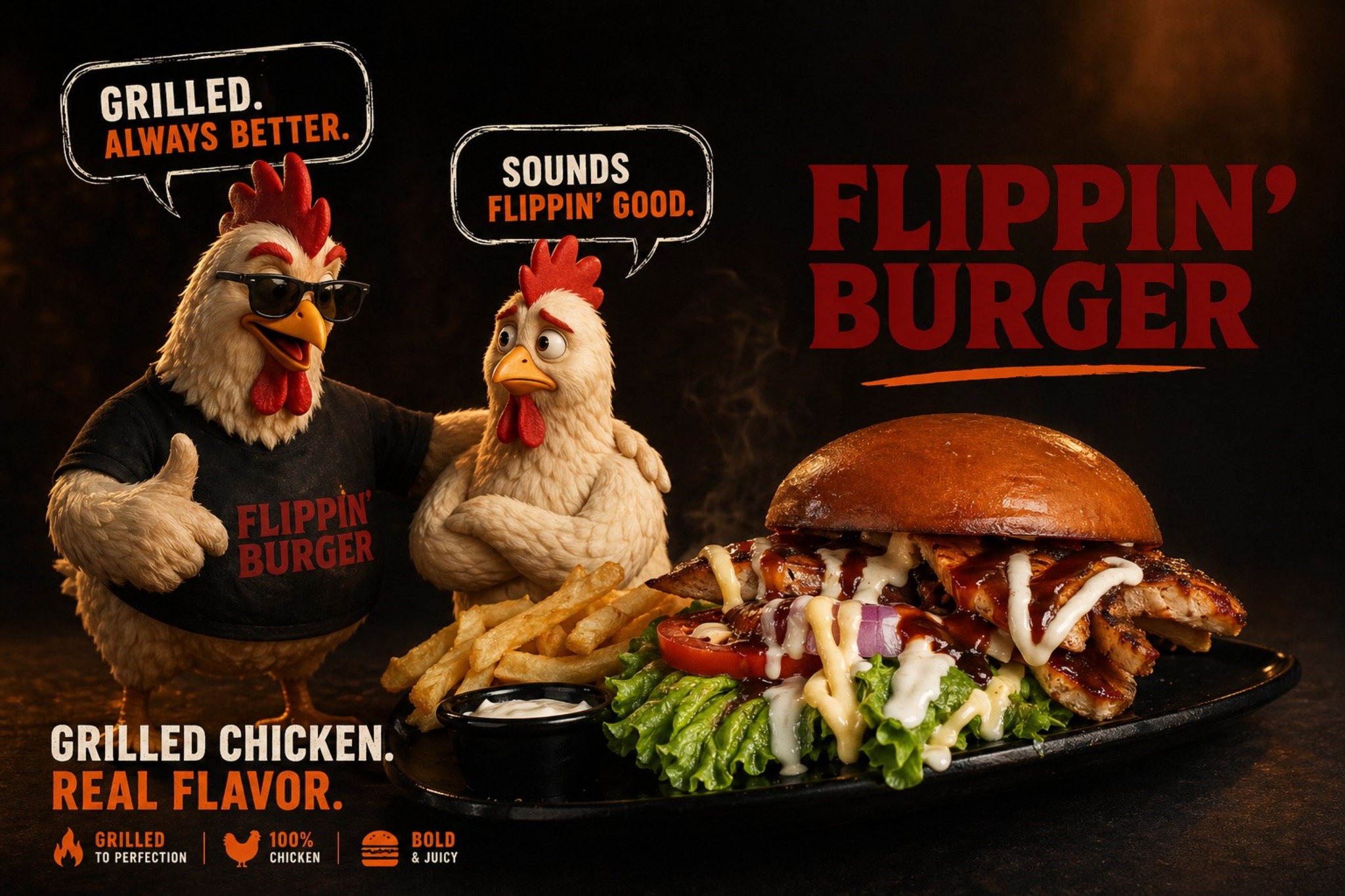 Flippin' Burger grilled chicken with the chicken mascots
